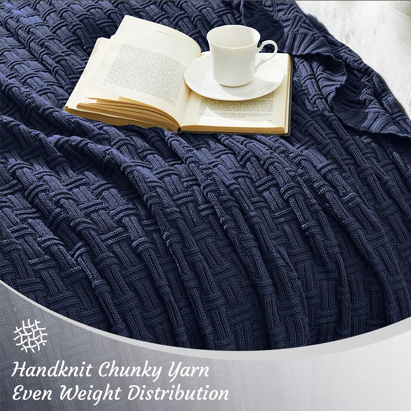 TREELY 100% Cotton Knitted Throw Blanket Couch Cover Blanket(60 x 80 Inches, Navy Blue) - Image 5